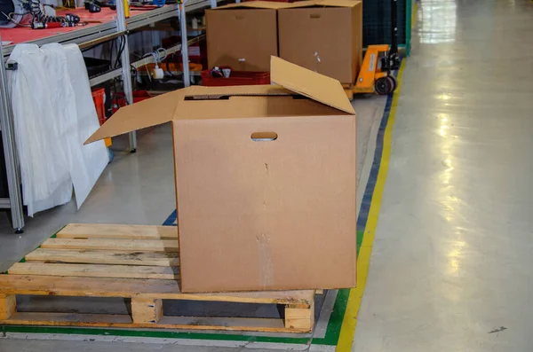 Cardboard box in stock. Wooden pallet. Production background
