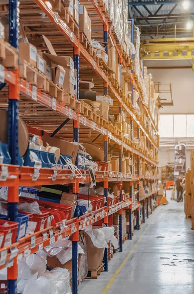 Storage High Shelves Rows Shelves Boxes Factory Industrial Distribution Composition — Fotografia de Stock