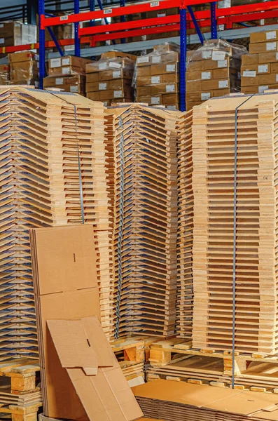 Wooden Parts Stacks Factory Warehouse Wooden Parts Lighting Devices Vertical — Fotografia de Stock