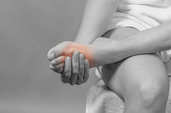 Close View Foot Female Hands Female Legs Reflexology Self Massage — Stok fotoğraf