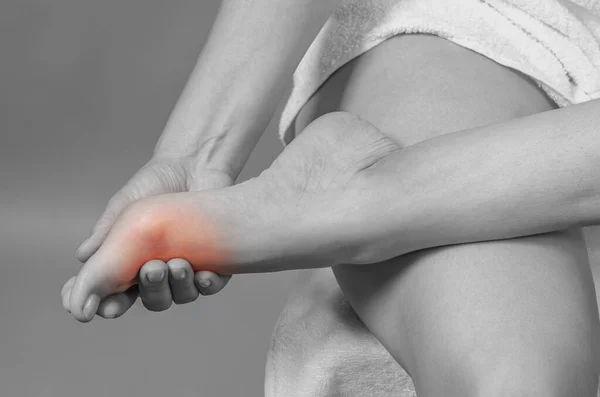 Close View Foot Female Hands Female Legs Reflexology Self Massage — Stock Photo, Image