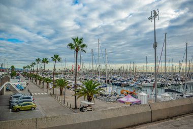 İspanya 'nın Kanarya Adaları' ndaki mavi sularda bir sürü teknesi olan deniz limanı. Palmiye ağaçlarıyla dolgu seti manzarası. Liman, iskele..