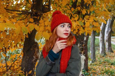 Sarı sonbahar yapraklarının arka planında turuncu örgü şapkalı ve eşarplı güzel bir bayan. Sonbahar parkında yürü.