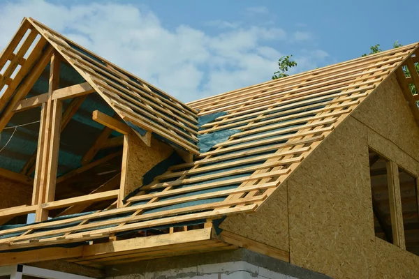 Roofing Construction Attic Windows Stage Wooden Roof Framing Construction Vapor — Stock Photo, Image