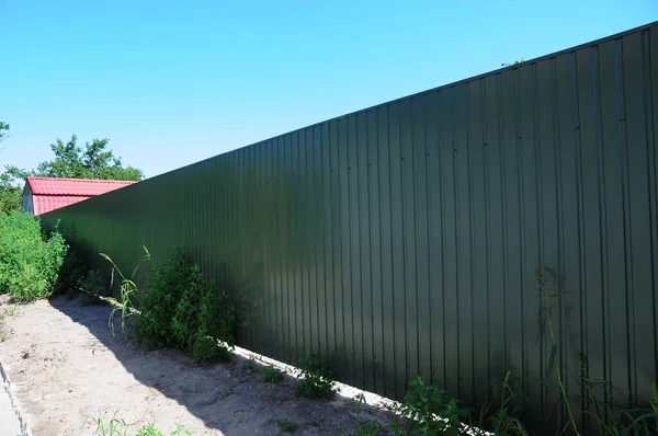 Close Metal Steel Fence Panels Long High Green Fence Steel — Stock Photo, Image