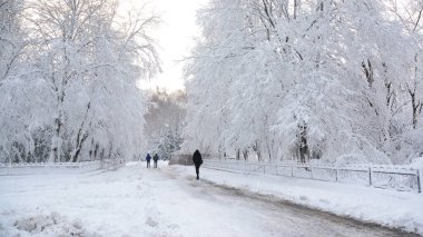 A small town after a heavy snow  with white trees covered with snow and people walking.