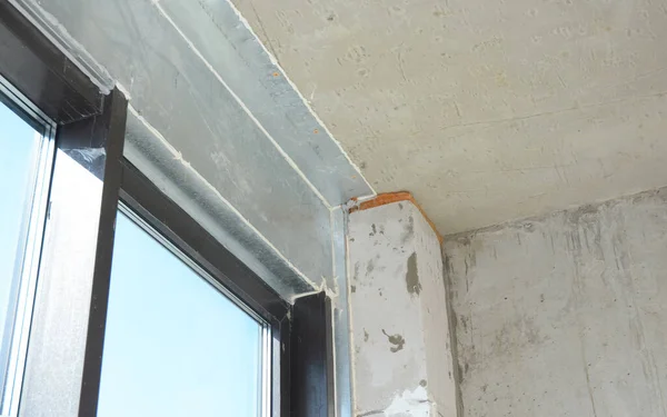 Балконні Скляні Двері Вікно Встановлюється Металевою Сталевою Лінією Металевою Конструкцією — стокове фото