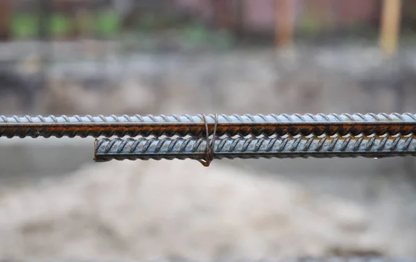 Een Close Van Stalen Wapeningsstaven Ijzeren Staven Met Binddraden Woningbouw — Stockfoto