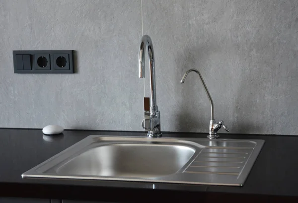 Metal Kitchen Sink Black Kitchen Countertop Two Water Faucets One — Foto de Stock