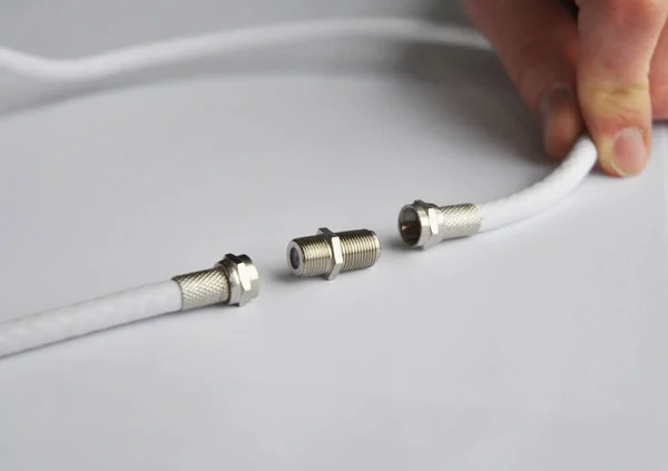 Coaxial Cables Connection Cable Connector Repairman Connecting Two Coaxial Cables — ストック写真