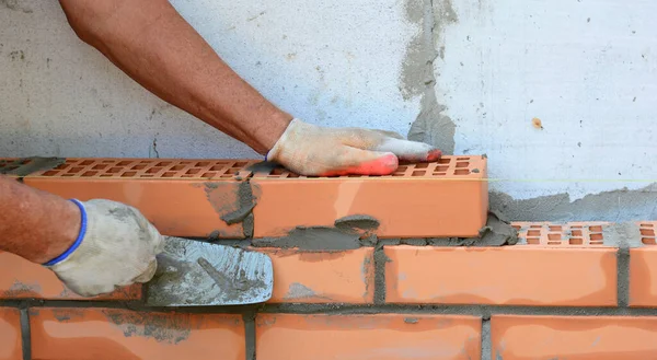 Close Bricklaer Hands Laying House Brick Wall Trowel — Foto de Stock