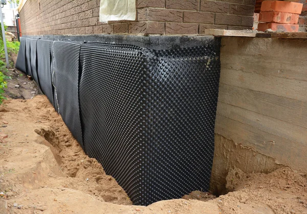 House Foundation Waterproofing Installation Dimpled Waterproofing Membrane Exterior Brick House — Stock Photo, Image