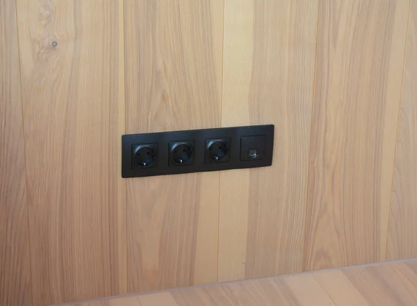 Black Outlet Plug Modern Wooden Wall Socket European Power Internet — Stok Foto