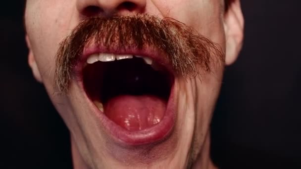 Close-up da boca do homem que canta uma canção e fala para a câmera — Vídeo de Stock