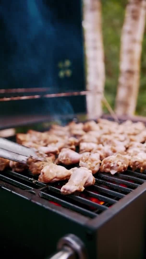 Asas de frango e pernas são fritas na grelha ao ar livre. — Vídeo de Stock