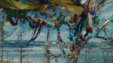 Wood with multi-colored ribbons of fabric. Religious place on Lake Baikal 