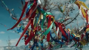Wood with multi-colored ribbons of fabric. Religious place on Lake Baikal 