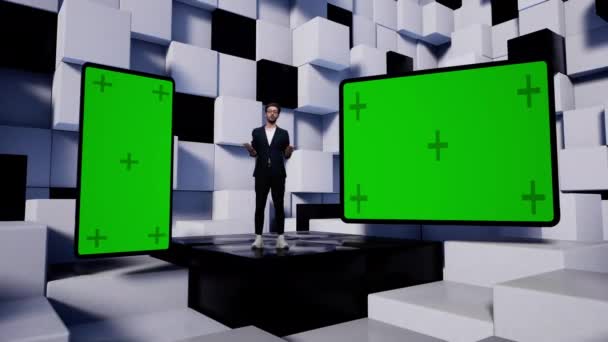 Tv presentator in virtuele studio nieuws met witte en zwarte kubussen. — Stockvideo