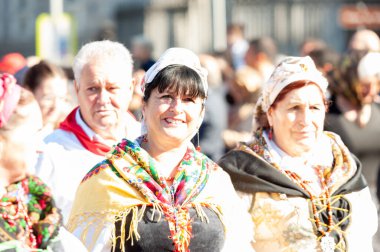 Madrid, İspanya; 24 Ekim 2021: Madrid 'in merkezinde Transhumance' ın aklanması. İspanya 'nın çeşitli bölgelerinden gelen çobanlar bölgesel kostümleriyle şehir merkezinin sokaklarında dolaşıyorlar.