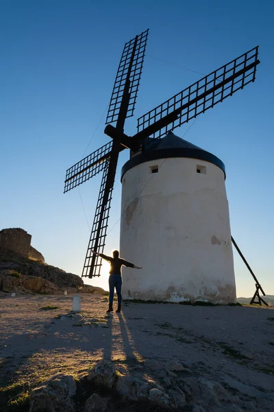White Windmill Its Wooden Blades Sunset Castilian Countryside Spain Blue — ストック写真