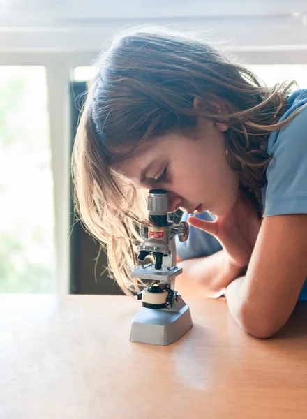 Girl with long brown hair looking at a blood sample through a school microscope on a study table with a window in the background.