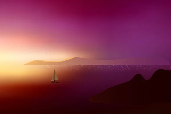 Piękny Zachód Słońca Nad Oceanem Odległej Góry Jachtu Żaglowego — Wektor stockowy