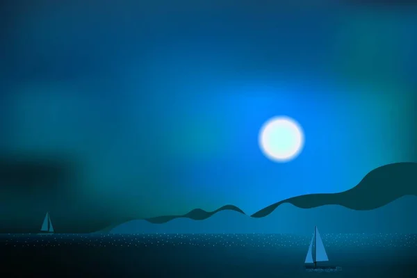 Krásný Noční Pohled Jachtou Horami Mořem Jasně Zářícím Měsícem — Stockový vektor