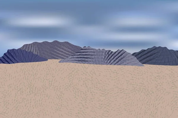 Belle Vue Prairie Stylisée Avec Des Montagnes Lointaines Ciel Nuageux — Image vectorielle