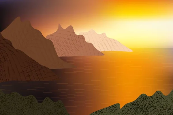 Schöner Goldener Sonnenuntergang Über Meerblick Felsenreihe Blinkende Wasseroberfläche — Stockvektor