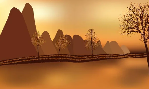 Прекрасный Золотой Закат Осенние Горы Деревья Отражения Поверхности Воды — стоковый вектор