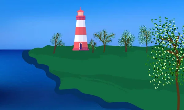 Phare Sur Camp Verdoyant Entouré Par Les Arbres Ciel Bleu — Image vectorielle