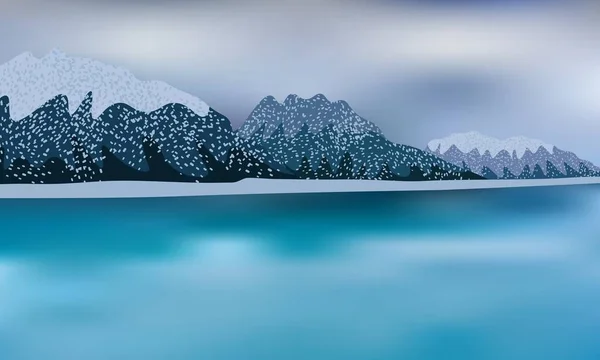 Зимняя Сцена Замерзшей Водой Облачным Небом Горами Снегу — стоковый вектор