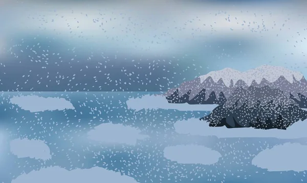 Donmuş Suyla Kış Sahnesi Bulutlu Gökyüzü Karlı Dağlar Telifsiz Stok Vektörler