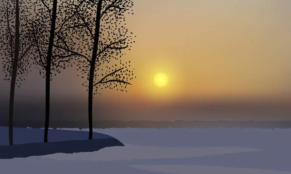 Красивый Зимний Закат Лагерь Покрытый Снегом Деревья Холме — стоковый вектор