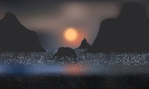 Kayalık bir sahilde karanlık ve gizemli bir gün batımı. Deniz köpüğü batan güneşi yansıtır..