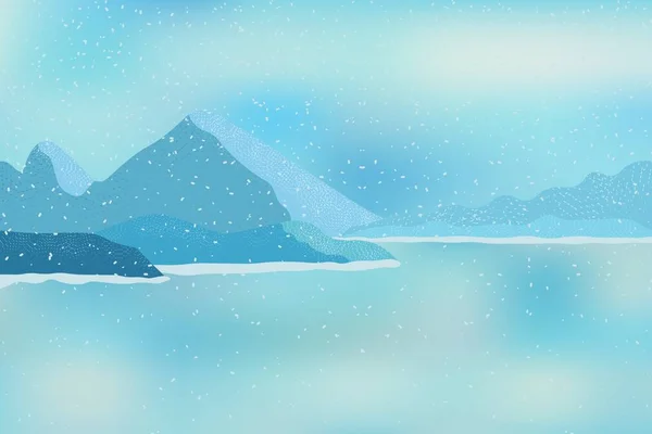 凍った水 曇りの空と山と雪の降る冬のシーン ストックベクター