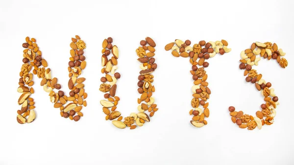 Palabra Frutos Secos Compone Diferentes Tipos Frutos Secos Alimento Proteico — Foto de Stock