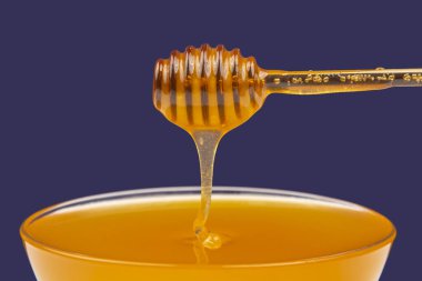 Mavi bir arka planda kaşıktan bir tabağa damlayan taze kokulu bal. organik vitamin besin