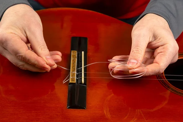 ナイロン弦の交換と挿入です 音楽家のためのレッスン — ストック写真