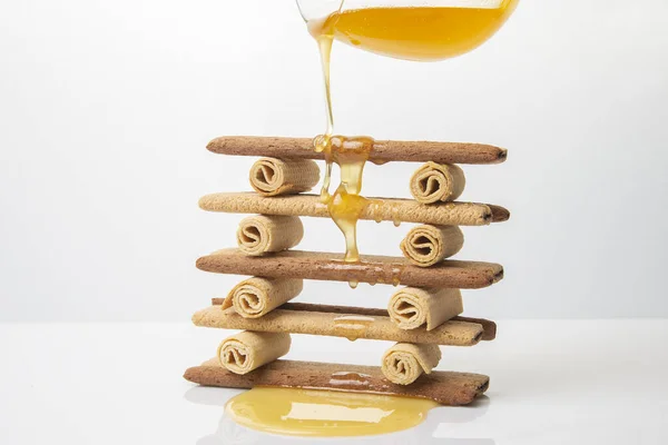 Fresh Flower Honey Flows Drips Herdry Crispy Cookie Sticks Dessert — Stock Photo, Image