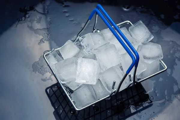 Frozen Ice Cubes Grocery Basket Dark Background — Stock Photo, Image