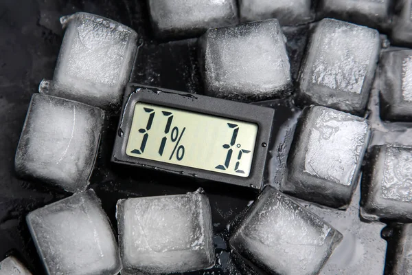 Digital Thermometer Measuring Air Temperature Humidity Background Frozen Ice — Stock Photo, Image