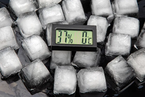 Digital Thermometer Measuring Air Temperature Humidity Background Frozen Ice — Stock Photo, Image