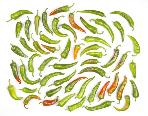 Green Hot Peppers Evenly Spread White Background Vitamin Vegetables Health — Stock Photo, Image
