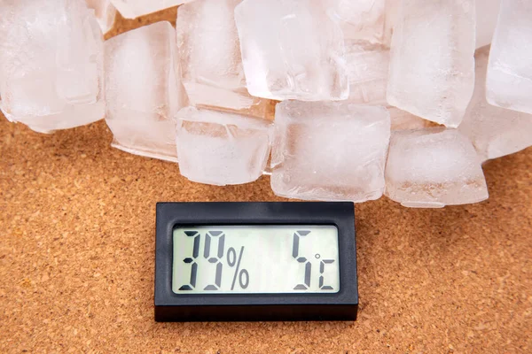 Digital Thermometer Measuring Air Temperature Humidity Background Frozen Ice — Stock Photo, Image