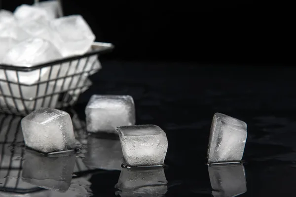 Frozen Ice Cubes Grocery Basket Dark Background — Stock Photo, Image