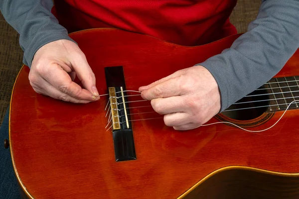 Remplacement Insertion Cordes Nylon Dans Une Guitare Classique Leçon Pour — Photo