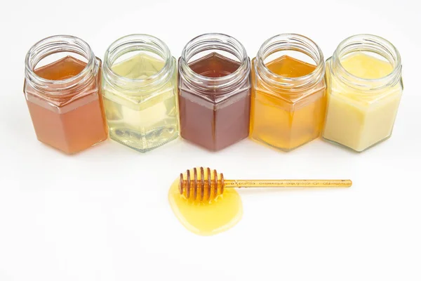 Spoon Fresh Honey Pollen Background Jars Different Types Honey Organic — Stock Photo, Image