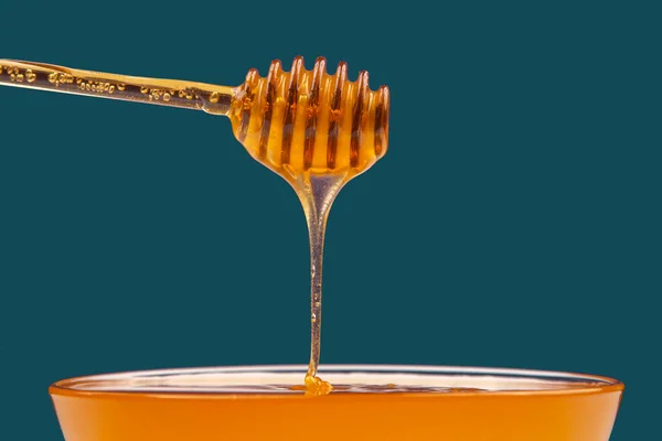 Fresh Honey Drips Spoon Plate Organic Vitamin Health Food — Stock Photo, Image