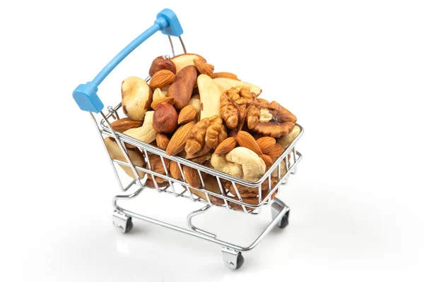 Verschiedene Arten Von Nüssen Einkaufswagen Vermarktung Von Lebensmitteln Vitamin Bioproteinnahrung — Stockfoto